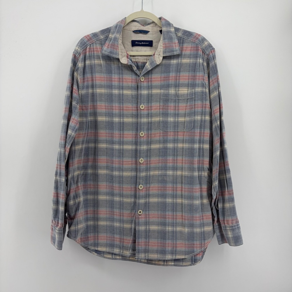 Tommy Bahama Mens Large Blue Plaid Cotton Long Sleeve Button Down Shirt Pocket